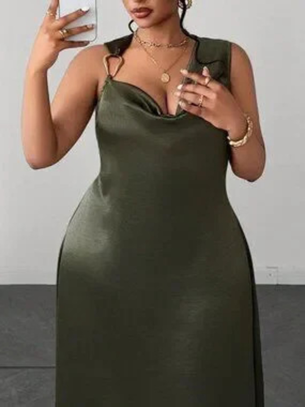 Olive Green Elegant Women's Plus Size Cowl Neck Sleeveless Dress - Picture 7 of 7